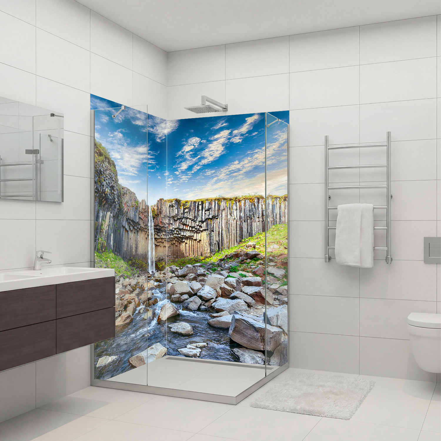 Duschrückwand mit Wasserfall V12 Motiv, als Badrückwand zum Fliesenersatz