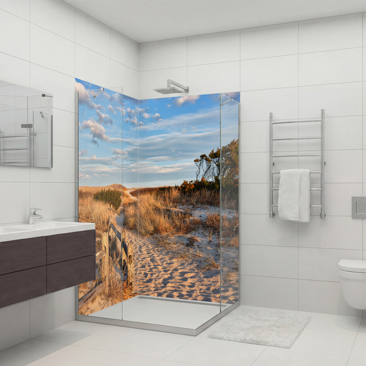 Duschrückwand mit Dünengras V2 Motiv, als Badrückwand zum Fliesenersatz