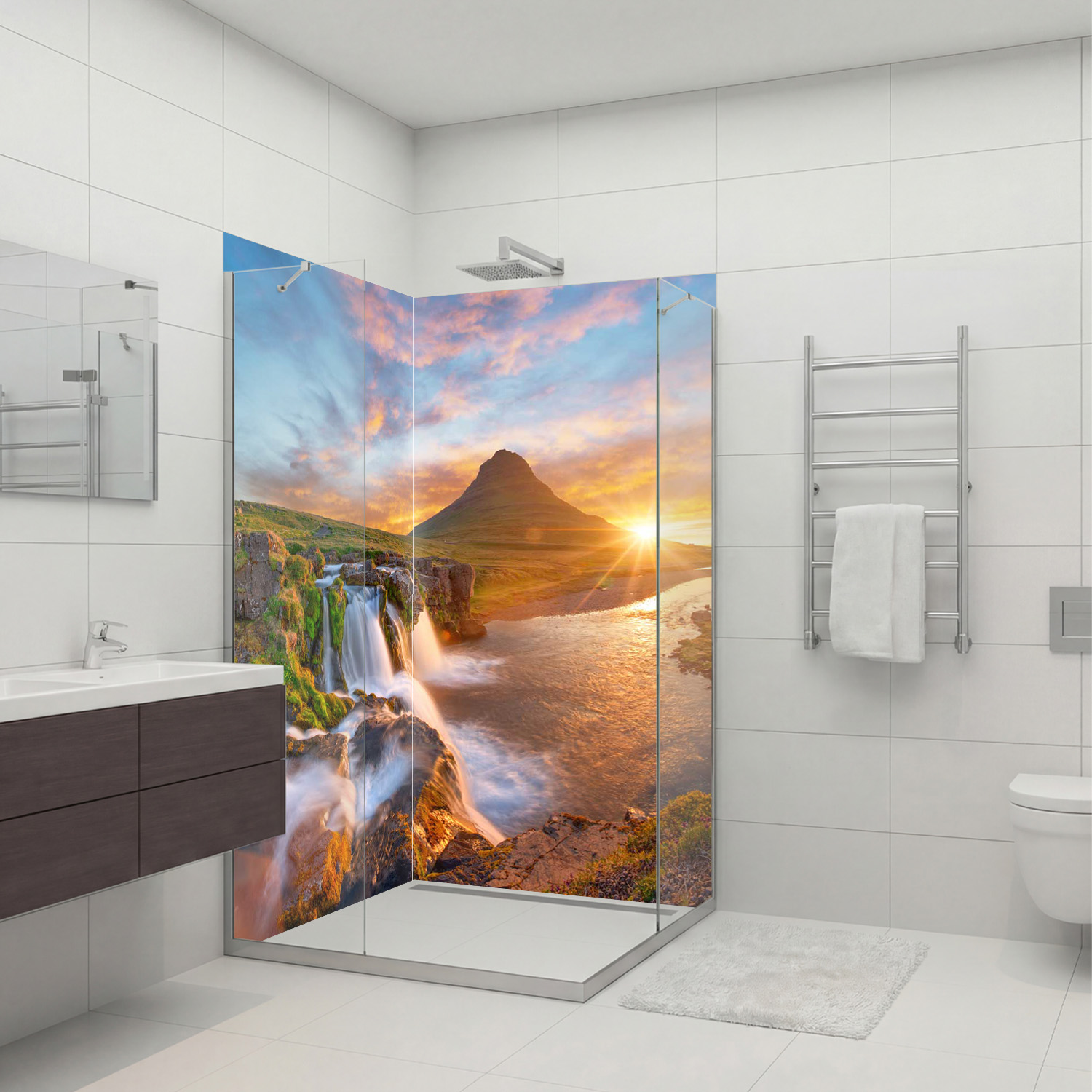 Duschrückwand mit Wasserfall V10 Motiv, als Badrückwand zum Fliesenersatz