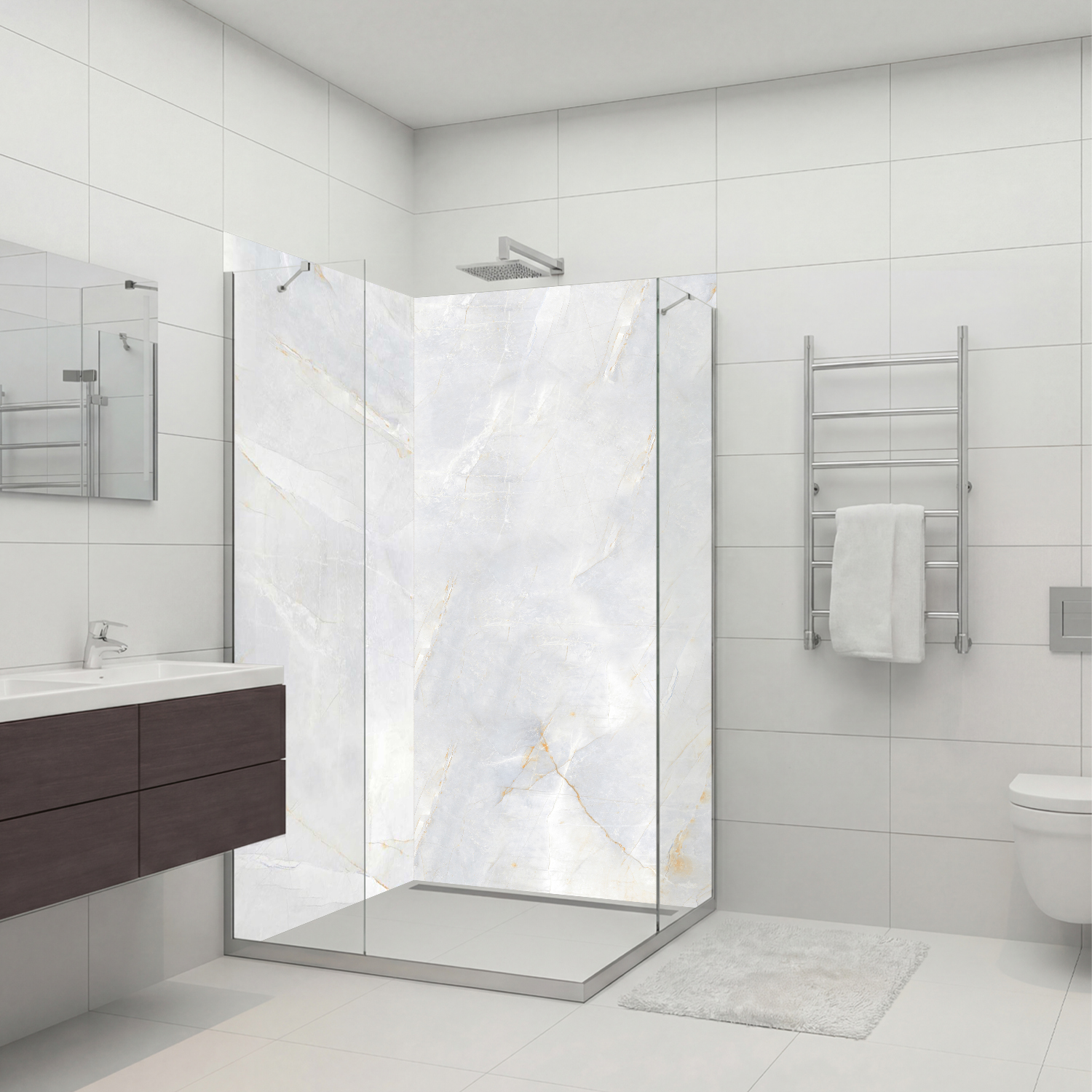 Duschrückwand mit Marmor V1 Motiv, als Badrückwand zum Fliesenersatz