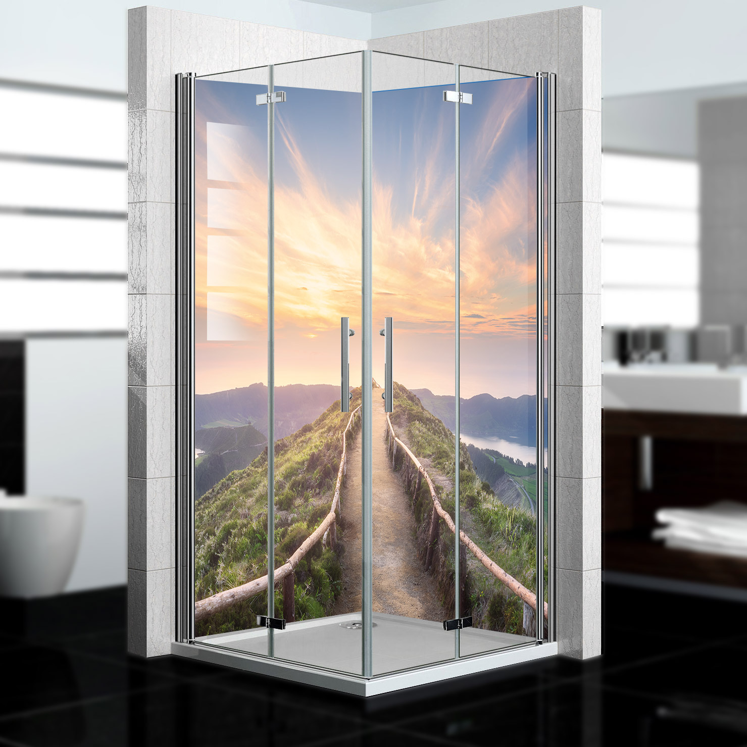 Duschrückwand mit Berg V8 Motiv, als Badrückwand zum Fliesenersatz  Duschrückwand mit Berg V8 Motiv, als Badrückwand zum Fliesenersatz