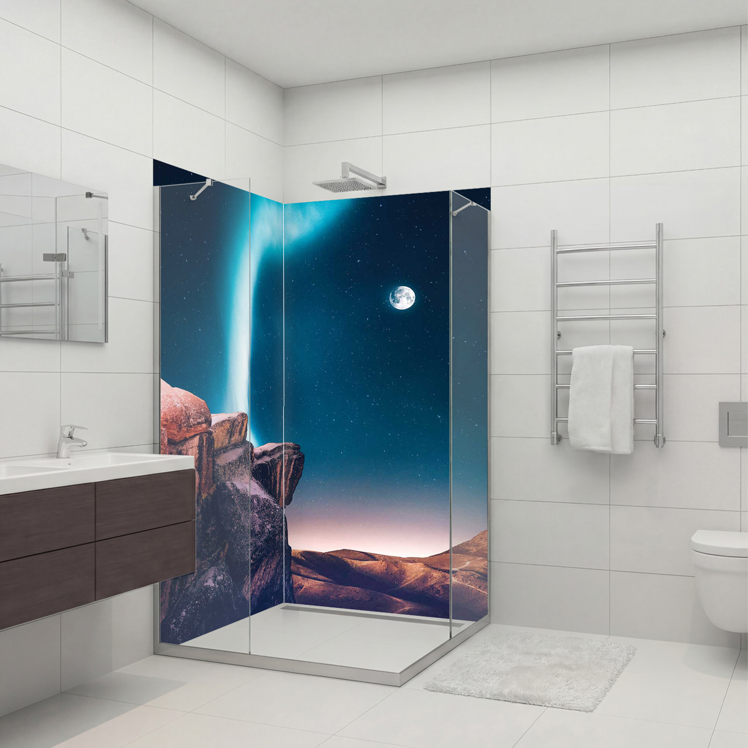 Duschrückwand mit Polarlicht V1 Motiv, als Badrückwand zum Fliesenersatz