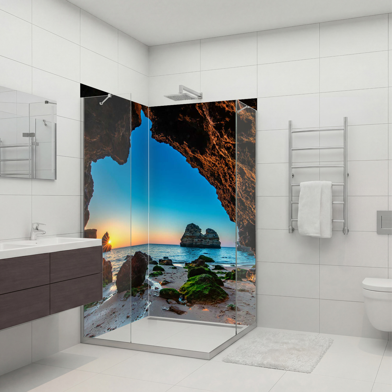 Duschrückwand mit Höhle V1 Motiv, als Badrückwand zum Fliesenersatz