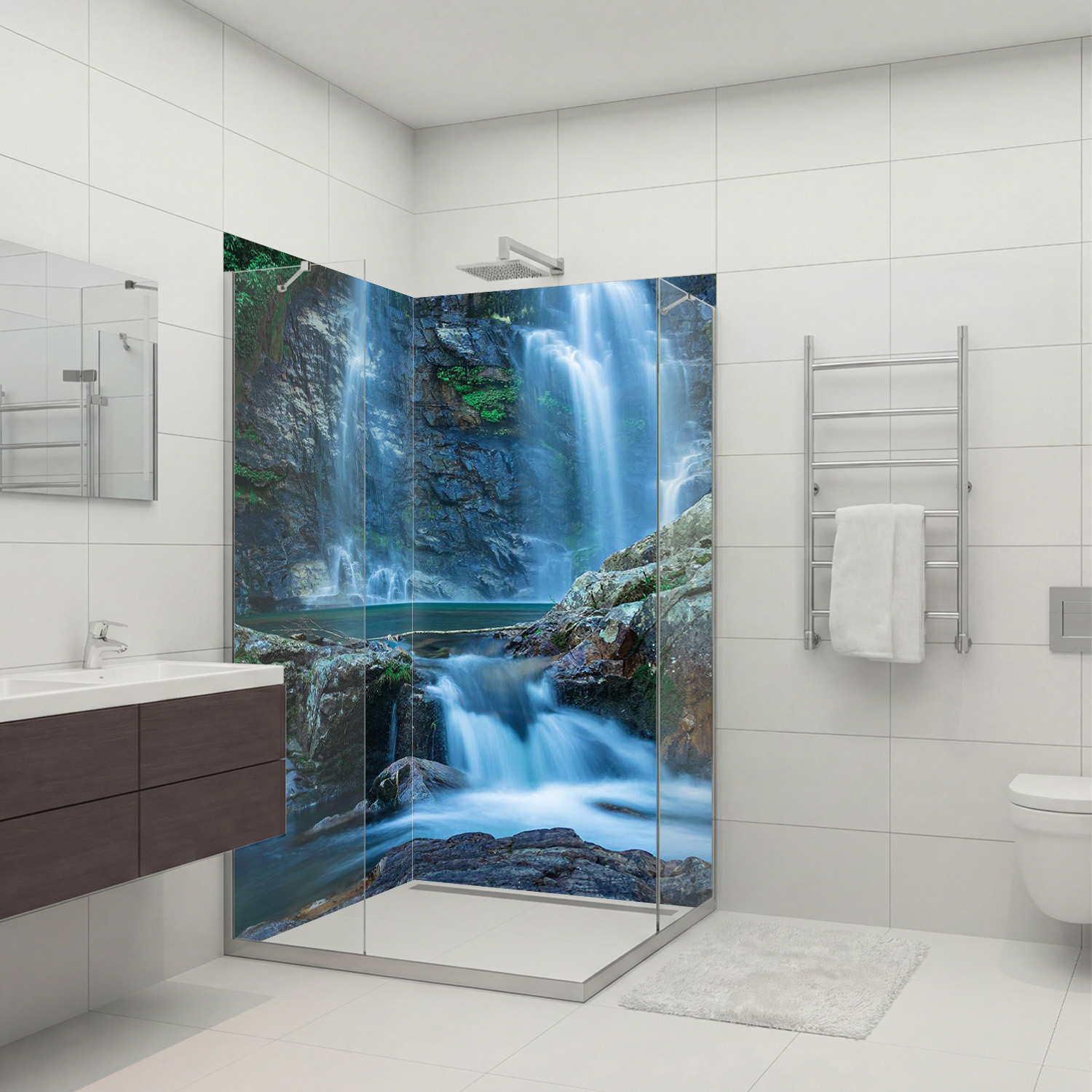 Duschrückwand mit Wasserfall V22 Motiv, als Badrückwand zum Fliesenersatz