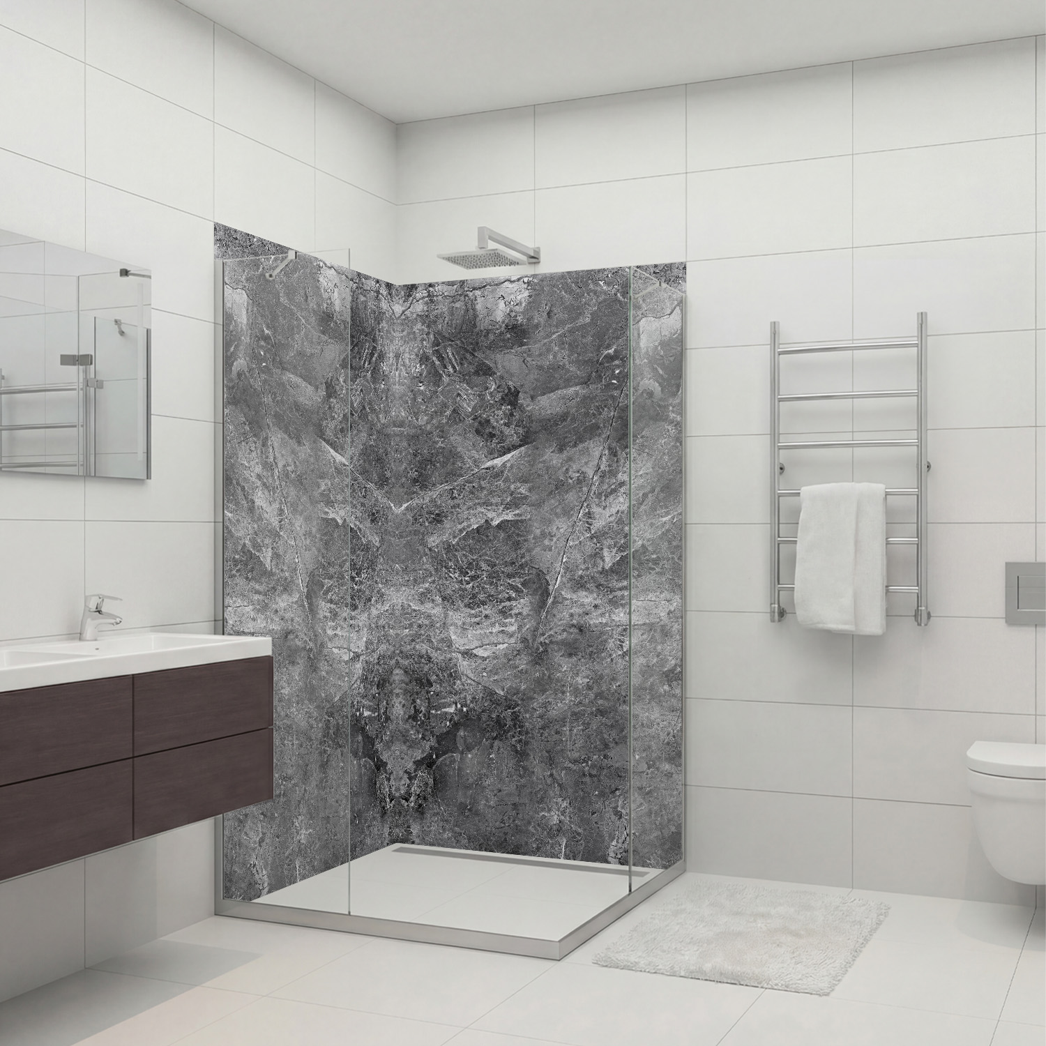 Duschrückwand mit Marmor V11 Motiv, als Badrückwand zum Fliesenersatz