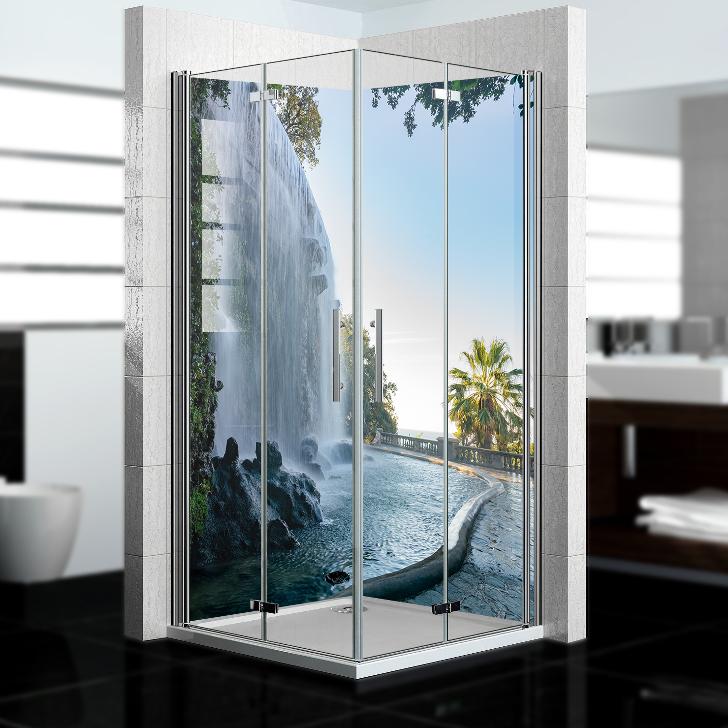 Duschrückwand mit Wasserfall V11 Motiv, als Badrückwand zum Fliesenersatz  Duschrückwand mit Wasserfall V11 Motiv, als Badrückwand zum Fliesenersatz