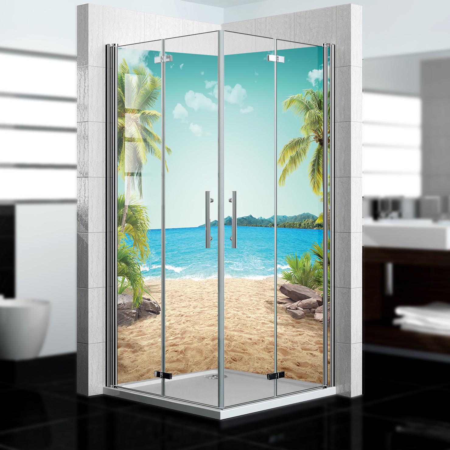 Duschrückwand mit Strand V8 Motiv, als Badrückwand zum Fliesenersatz Duschrückwand mit Strand V8 Motiv, als Badrückwand zum Fliesenersatz