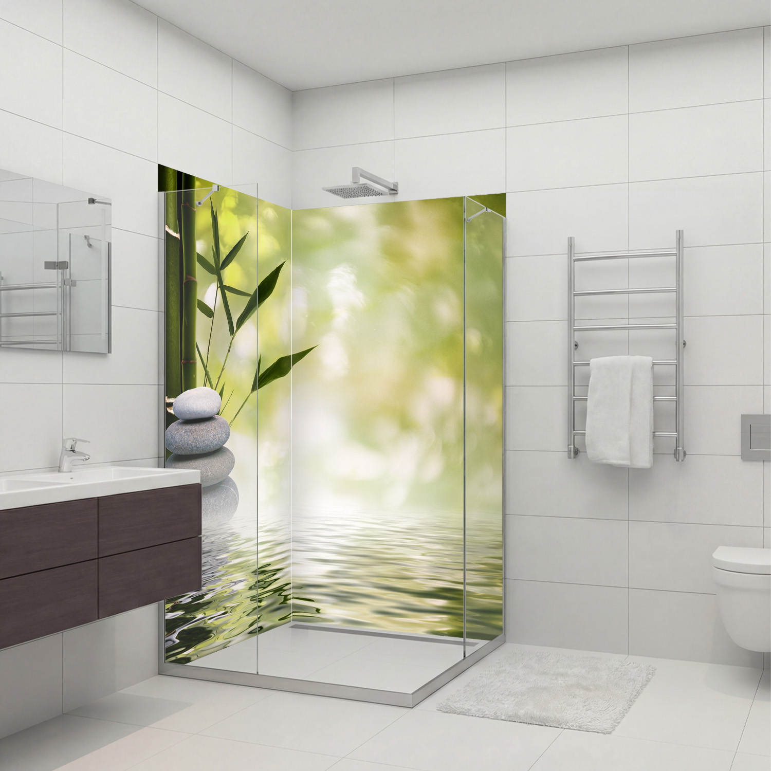 Duschrückwand mit Zen V9 Motiv, als Badrückwand zum Fliesenersatz