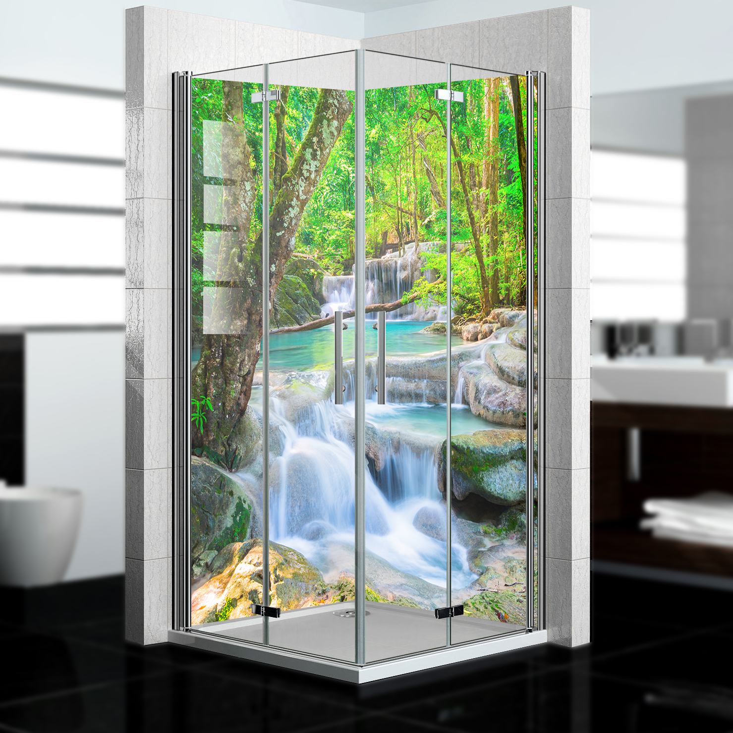 Duschrückwand mit Wasserfall V8 Motiv, als Badrückwand zum Fliesenersatz  Duschrückwand mit Wasserfall V8 Motiv, als Badrückwand zum Fliesenersatz