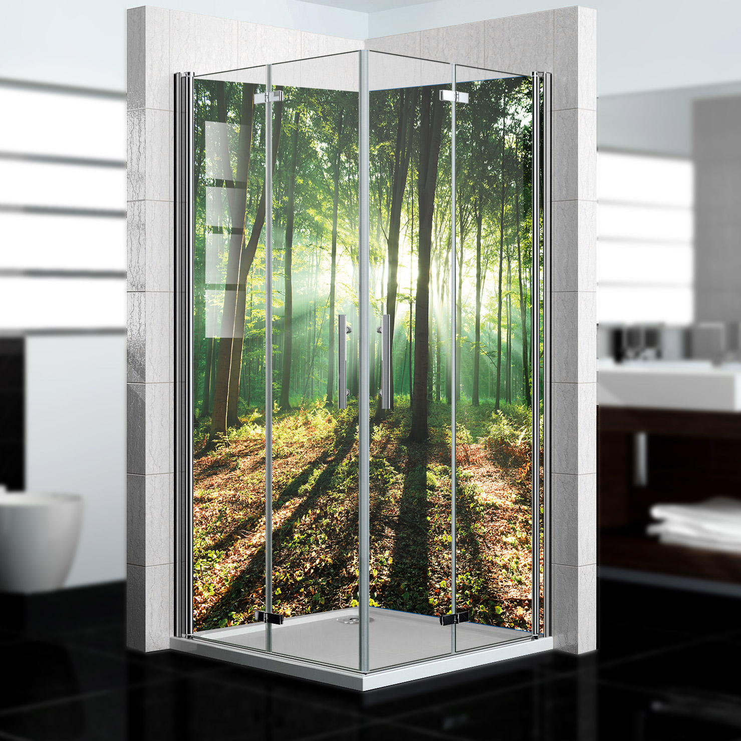 Duschrückwand mit Wald V5 Motiv, als Badrückwand zum Fliesenersatz Duschrückwand mit Wald V5 Motiv, als Badrückwand zum Fliesenersatz