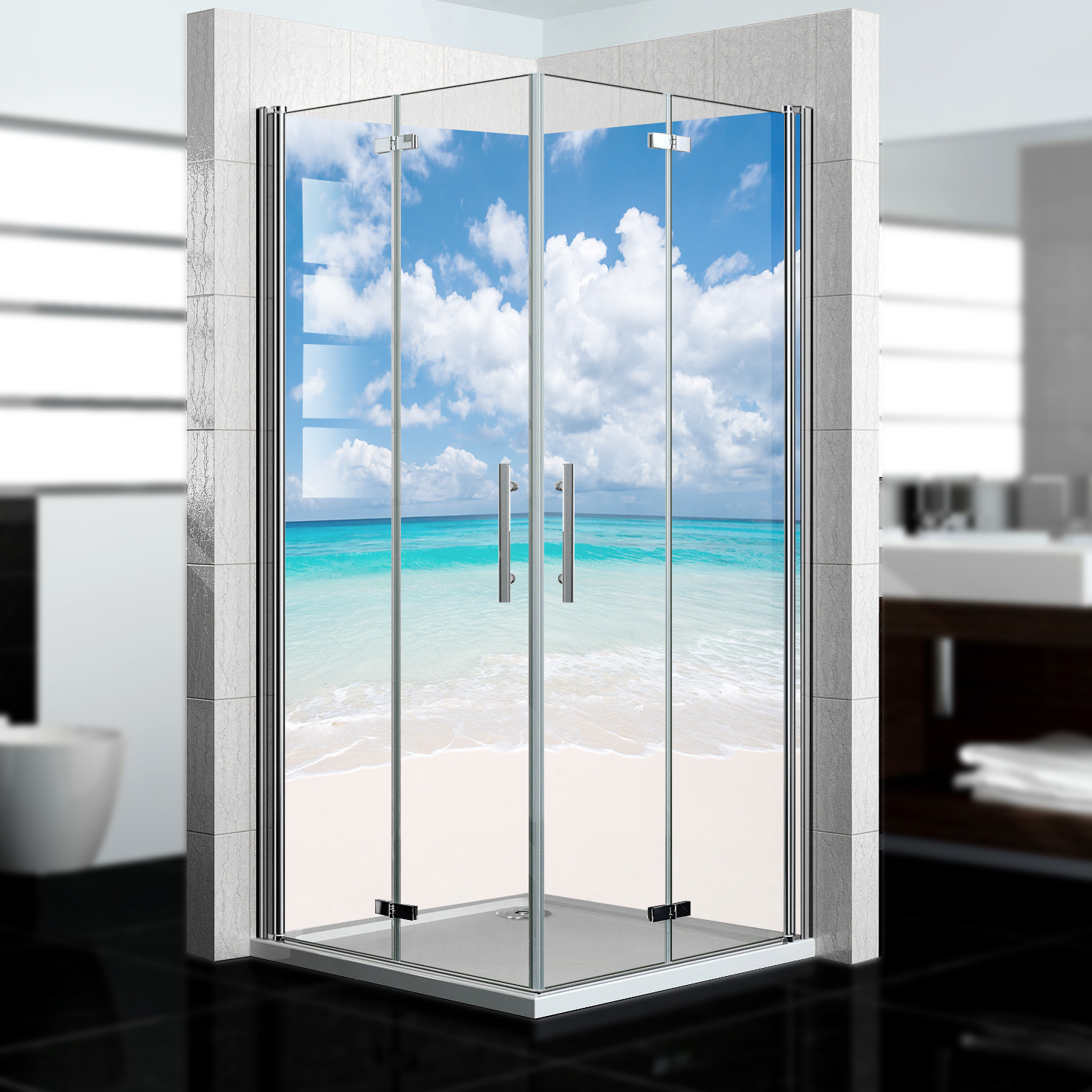 Duschrückwand mit Strand V3 Motiv, als Badrückwand zum Fliesenersatz Duschrückwand mit Strand V3 Motiv, als Badrückwand zum Fliesenersatz