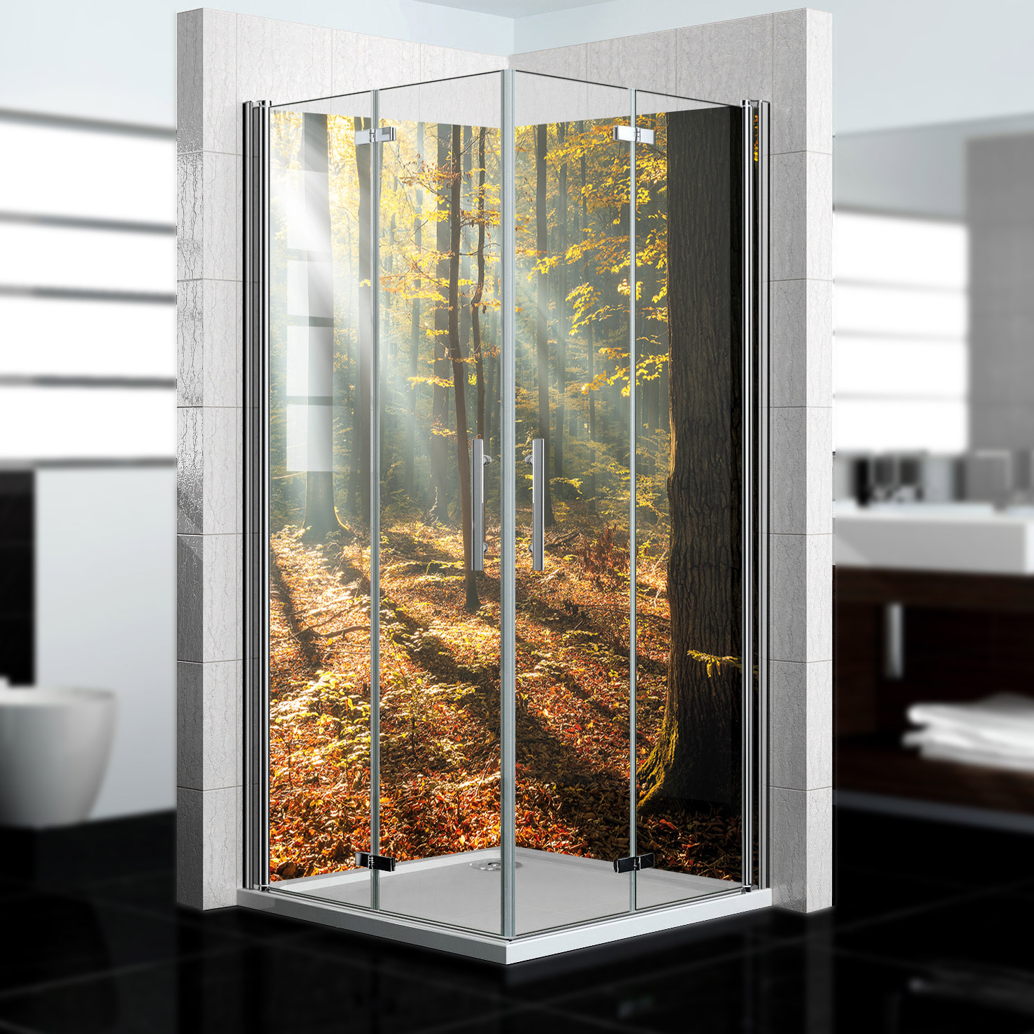 Duschrückwand mit Wald V7 Motiv, als Badrückwand zum Fliesenersatz Duschrückwand mit Wald V7 Motiv, als Badrückwand zum Fliesenersatz