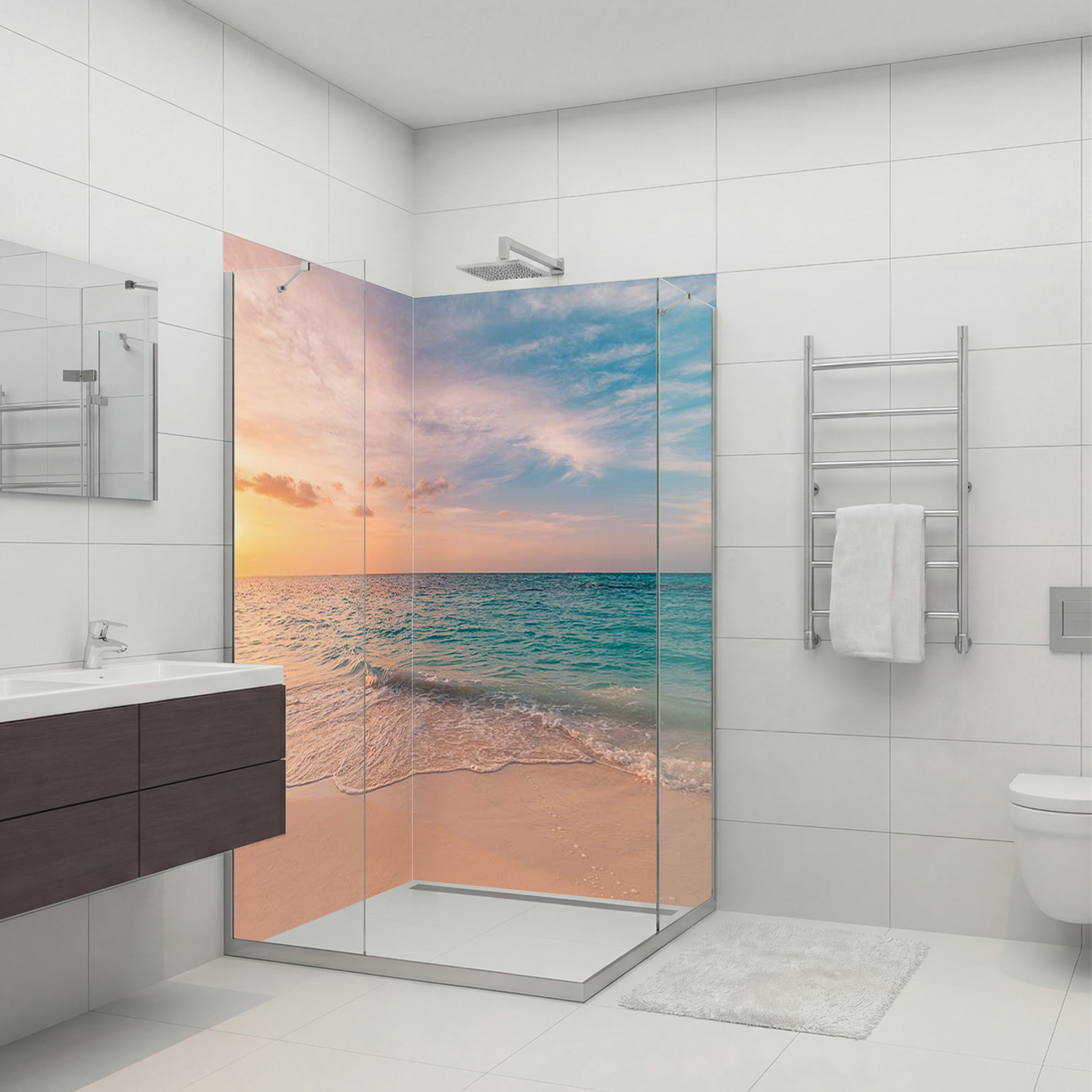 Duschrückwand mit Strand V9 Motiv, als Badrückwand zum Fliesenersatz