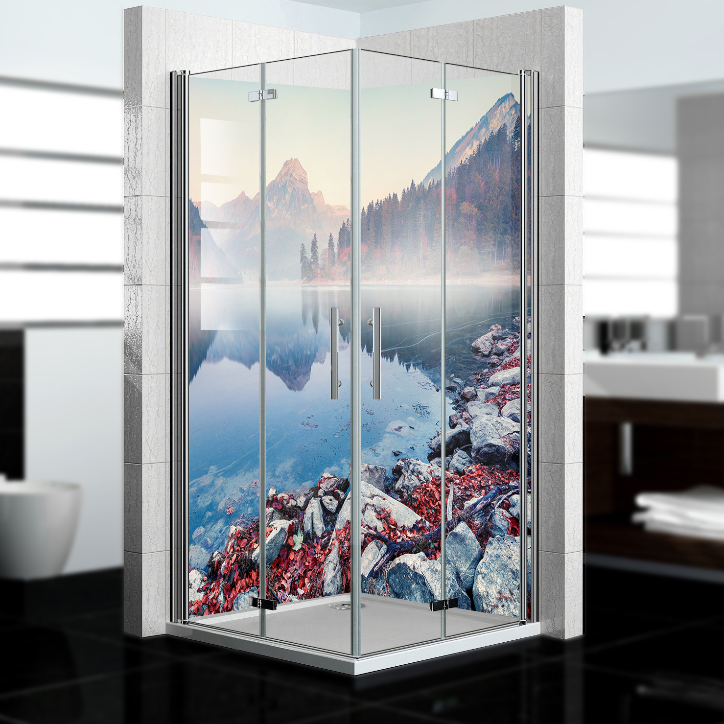Duschrückwand mit Berg V3 Motiv, als Badrückwand zum Fliesenersatz  Duschrückwand mit Berg V3 Motiv, als Badrückwand zum Fliesenersatz