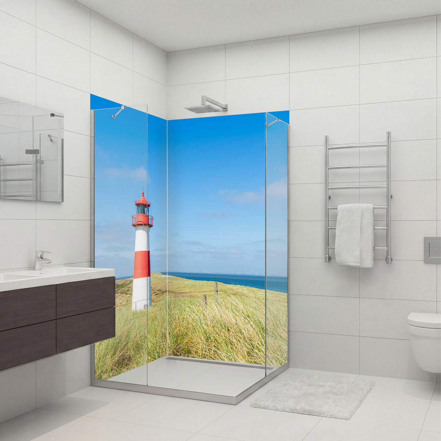 Duschrückwand mit  Leuchtturm V2 Motiv, als Badrückwand zum Fliesenersatz