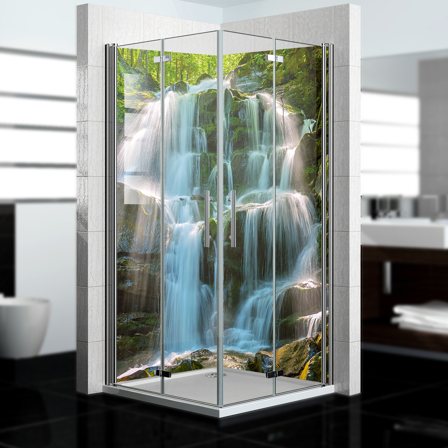 Duschrückwand mit Wasserfall V6 Motiv, als Badrückwand zum Fliesenersatz  Duschrückwand mit Wasserfall V6 Motiv, als Badrückwand zum Fliesenersatz
