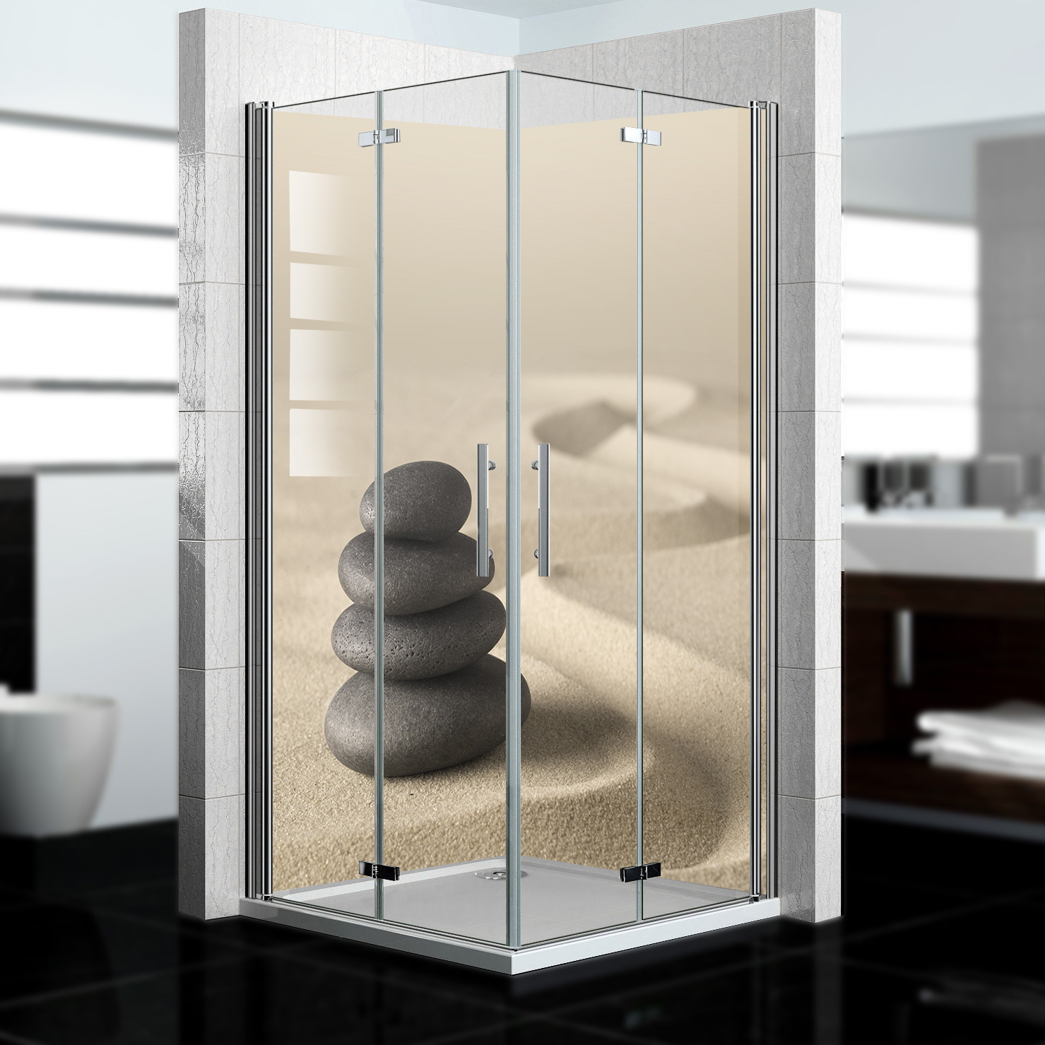 Duschrückwand mit Zen V6 Motiv, als Badrückwand zum Fliesenersatz  Duschrückwand mit Zen V6 Motiv, als Badrückwand zum Fliesenersatz
