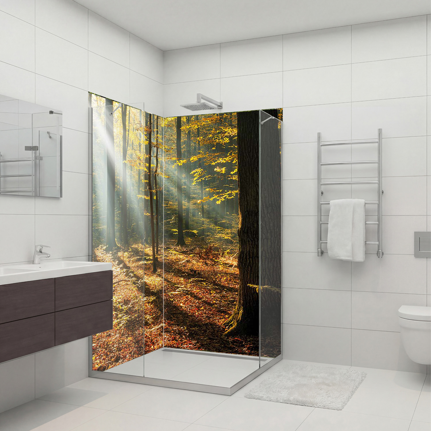 Duschrückwand mit Wald V7 Motiv, als Badrückwand zum Fliesenersatz