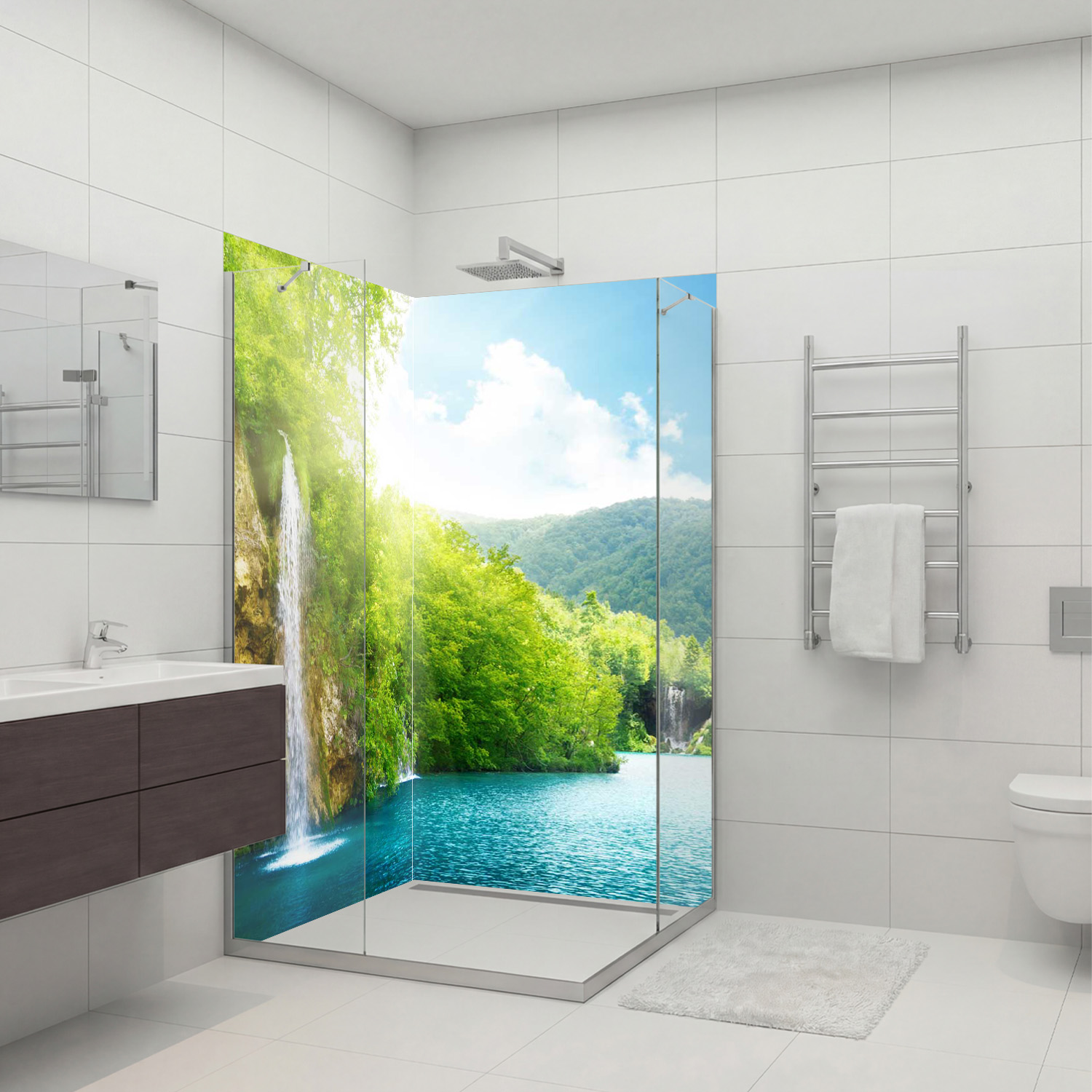 Duschrückwand mit Wasserfall V9 Motiv, als Badrückwand zum Fliesenersatz