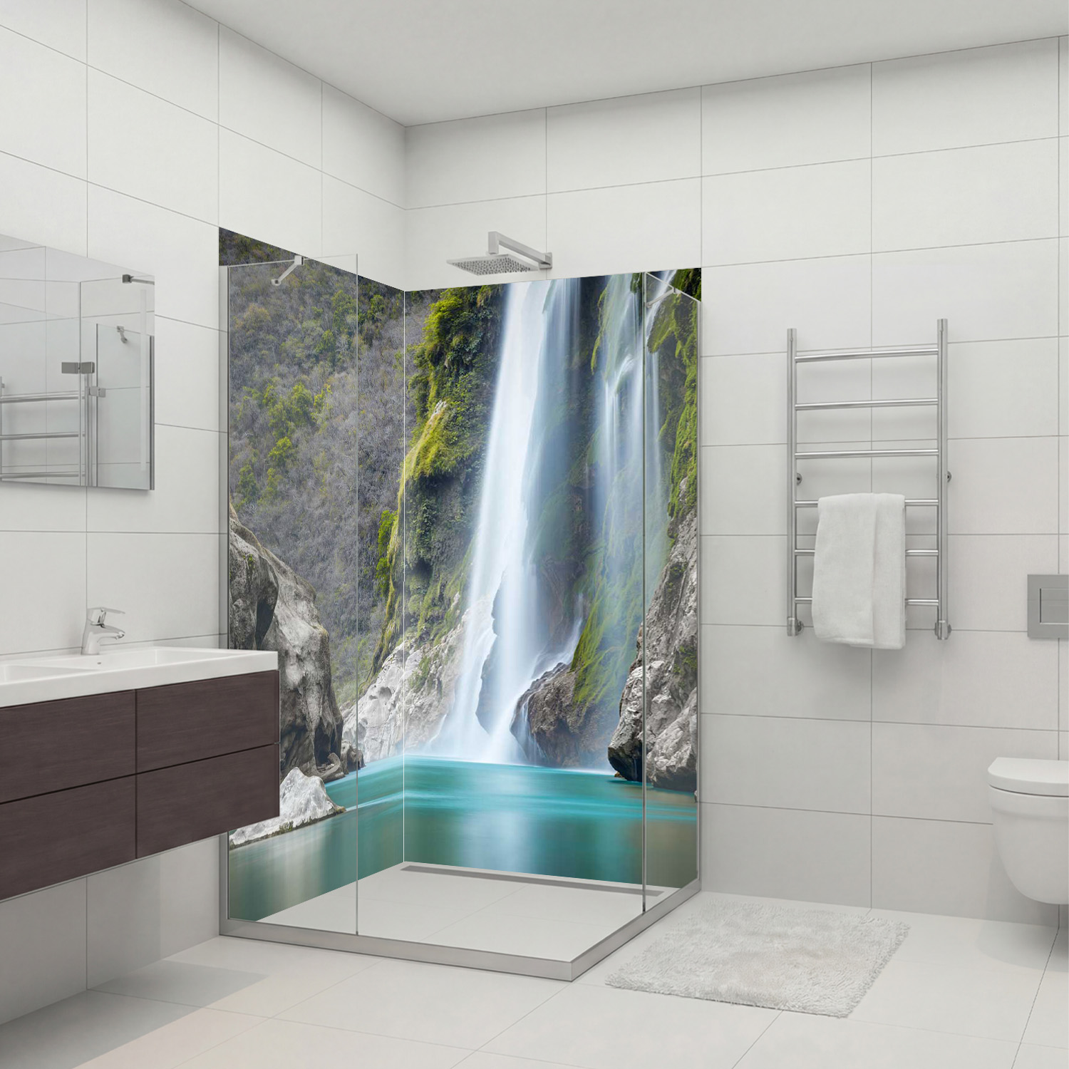 Duschrückwand mit Wasserfall V15 Motiv, als Badrückwand zum Fliesenersatz