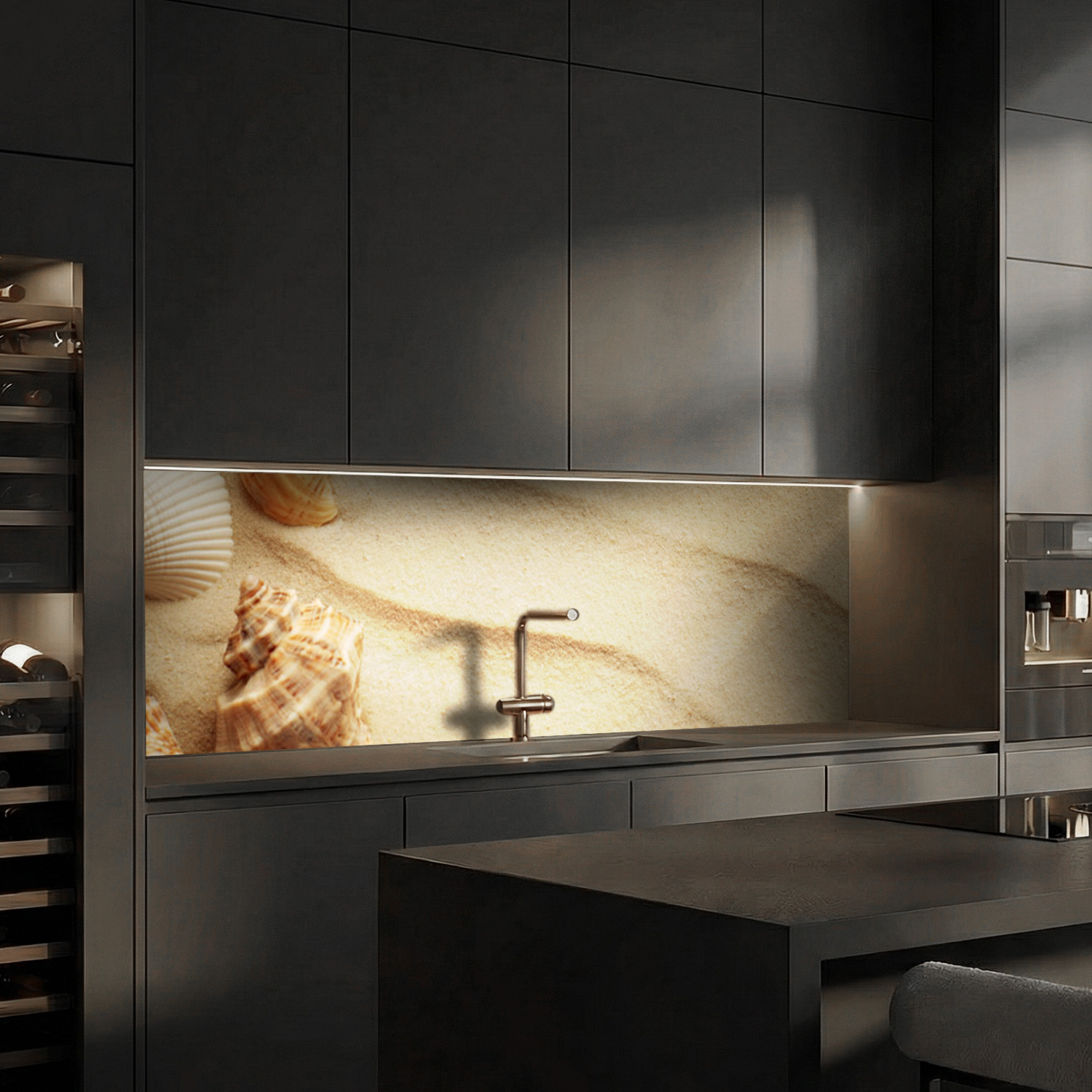 Küchenrückwand mit Strand V8 Motiv als Fliesenersatz und Spritzschutz